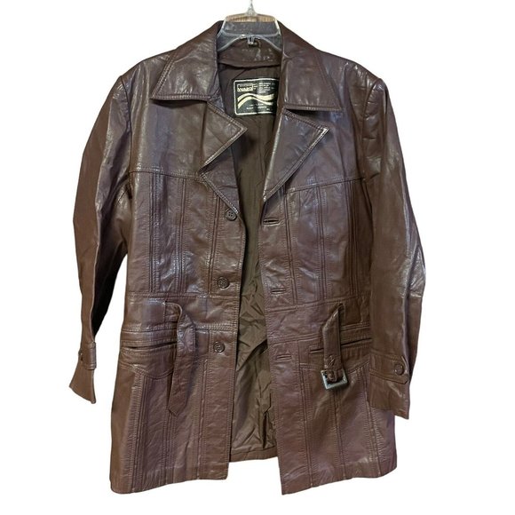 Vintage '70s Montgomery Ward Brown Leather Trench Coat Jacket Mens Size 40 R
